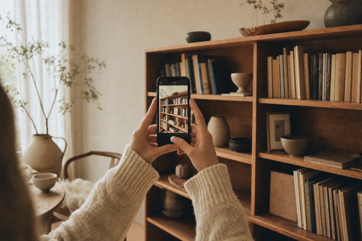 Hands photographing a bookshelf with a phone